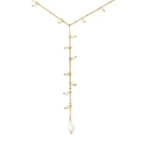 Double Chain Lariat Necklace with Pearl Charms Gold Plated