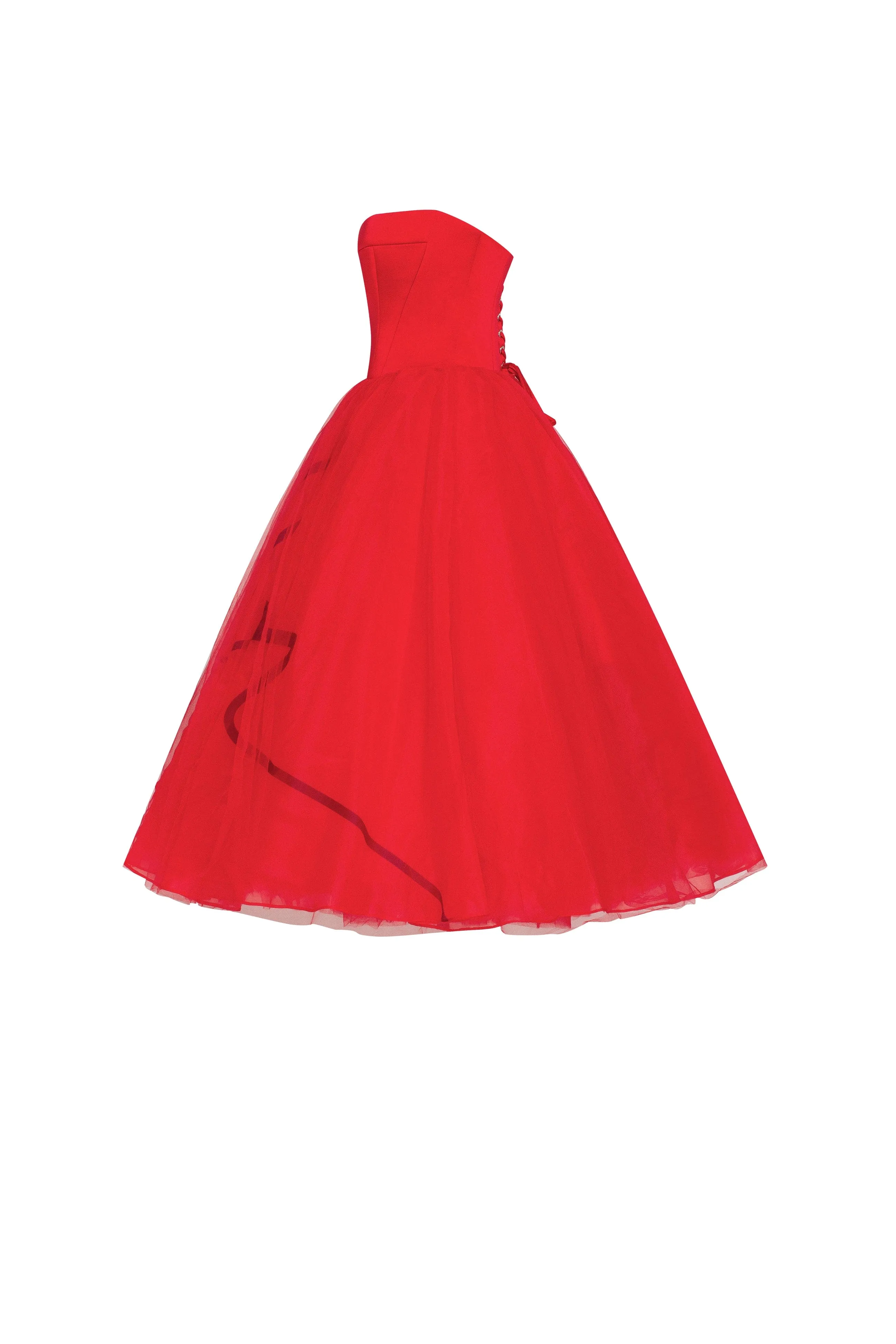 Dramatic red organza dress adorned with Milla's signature and black gloves, Xo Xo