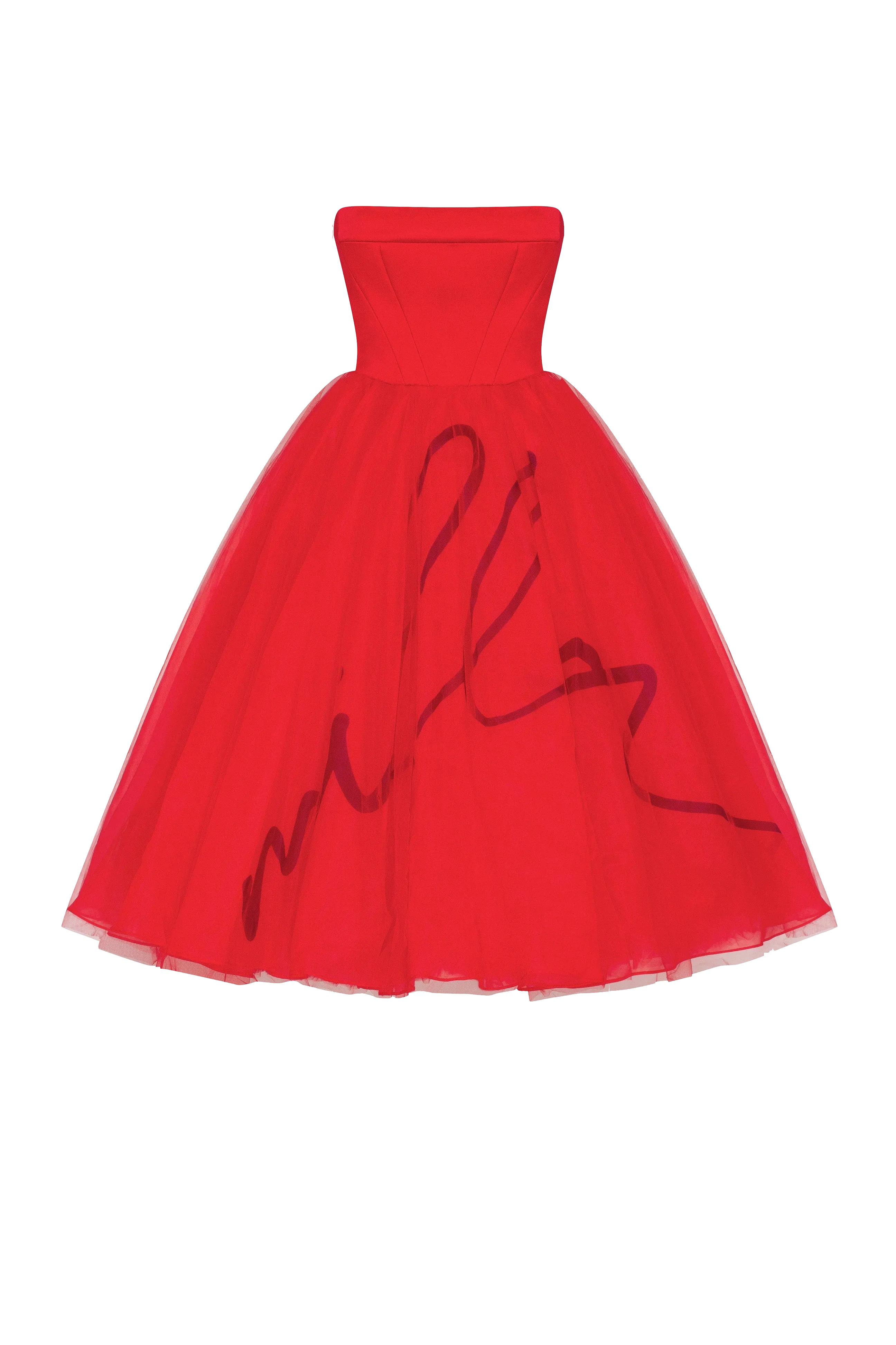 Dramatic red organza dress adorned with Milla's signature and black gloves, Xo Xo