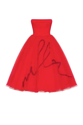 Dramatic red organza dress adorned with Milla's signature and black gloves, Xo Xo