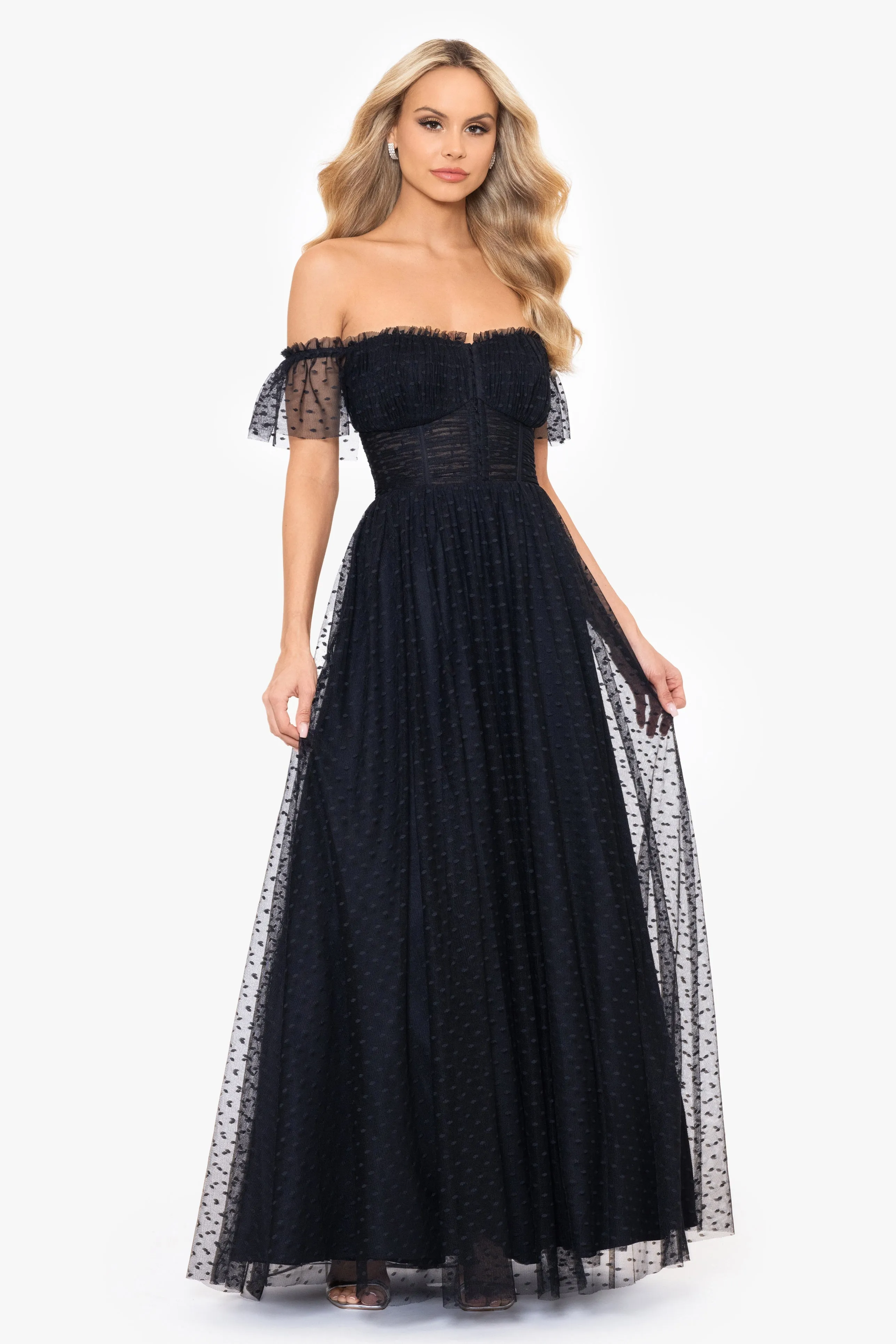 Edie Dot Mesh Off the Shoulder Ballgown