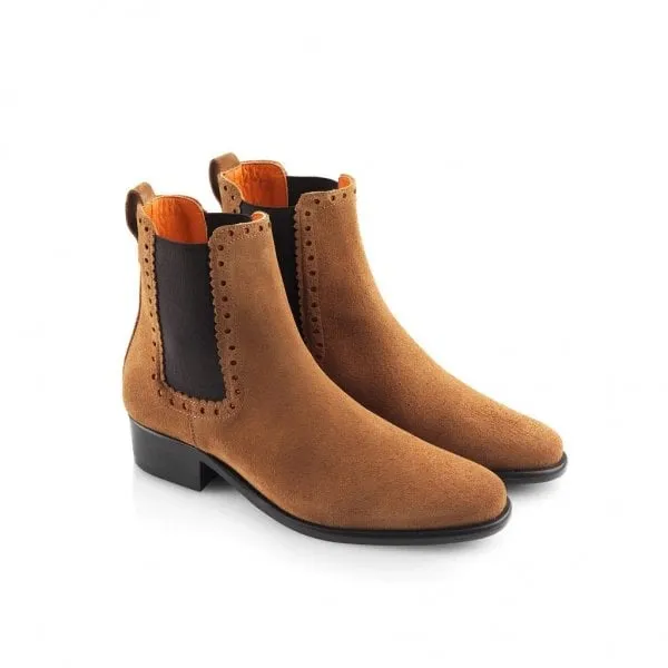 Fairfax & Favor Womens Brogued Chelsea Boot in Tan Suede