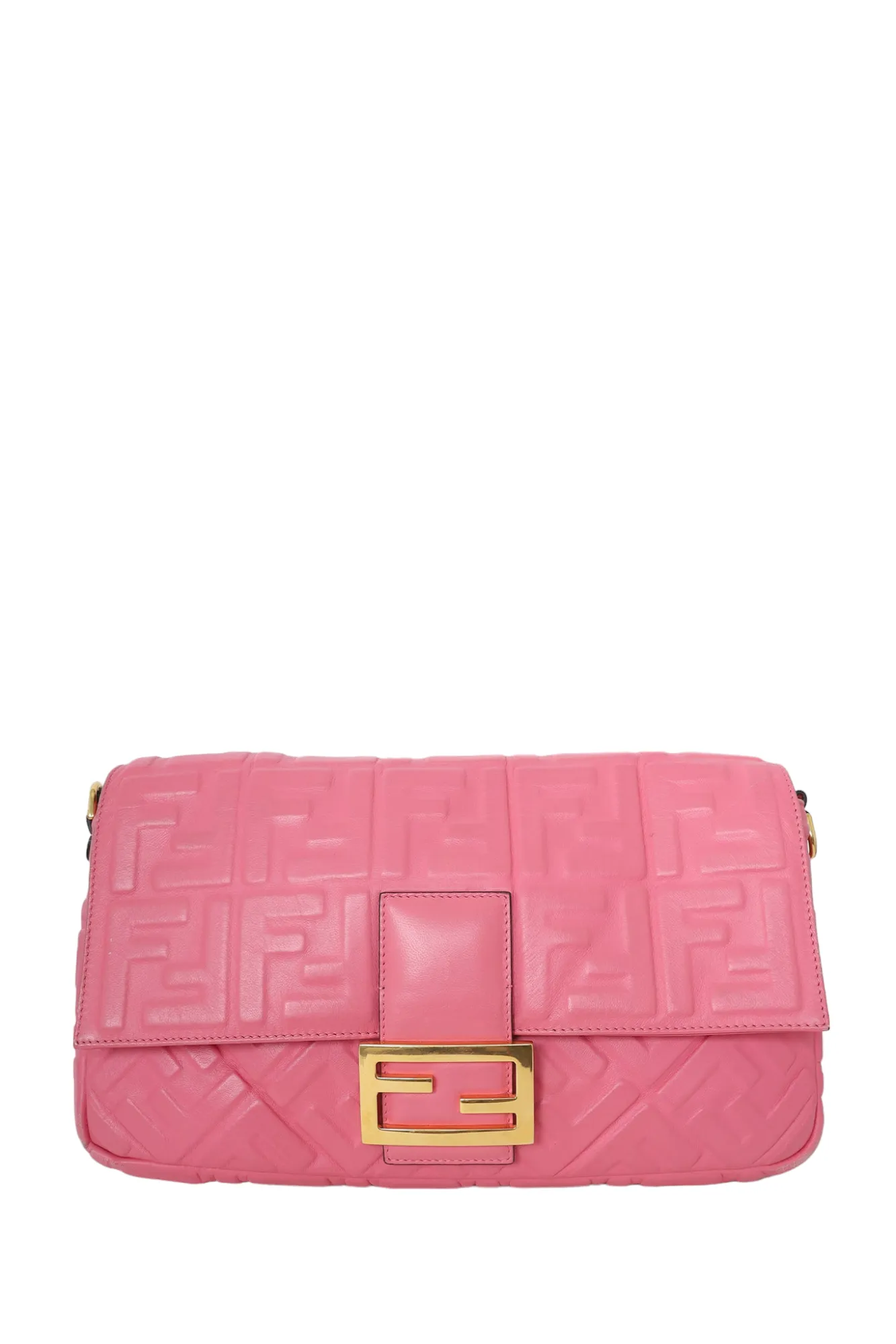 Fendi Pink Leather Nappa FF 1974 Embossed Large Baguette Bag with Strap