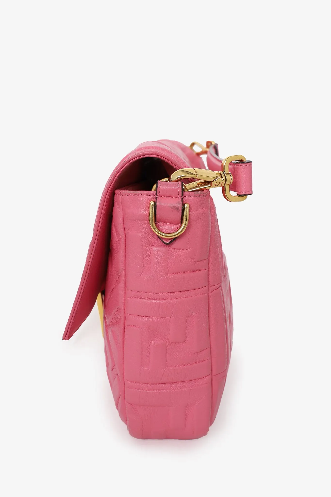 Fendi Pink Leather Nappa FF 1974 Embossed Large Baguette Bag with Strap