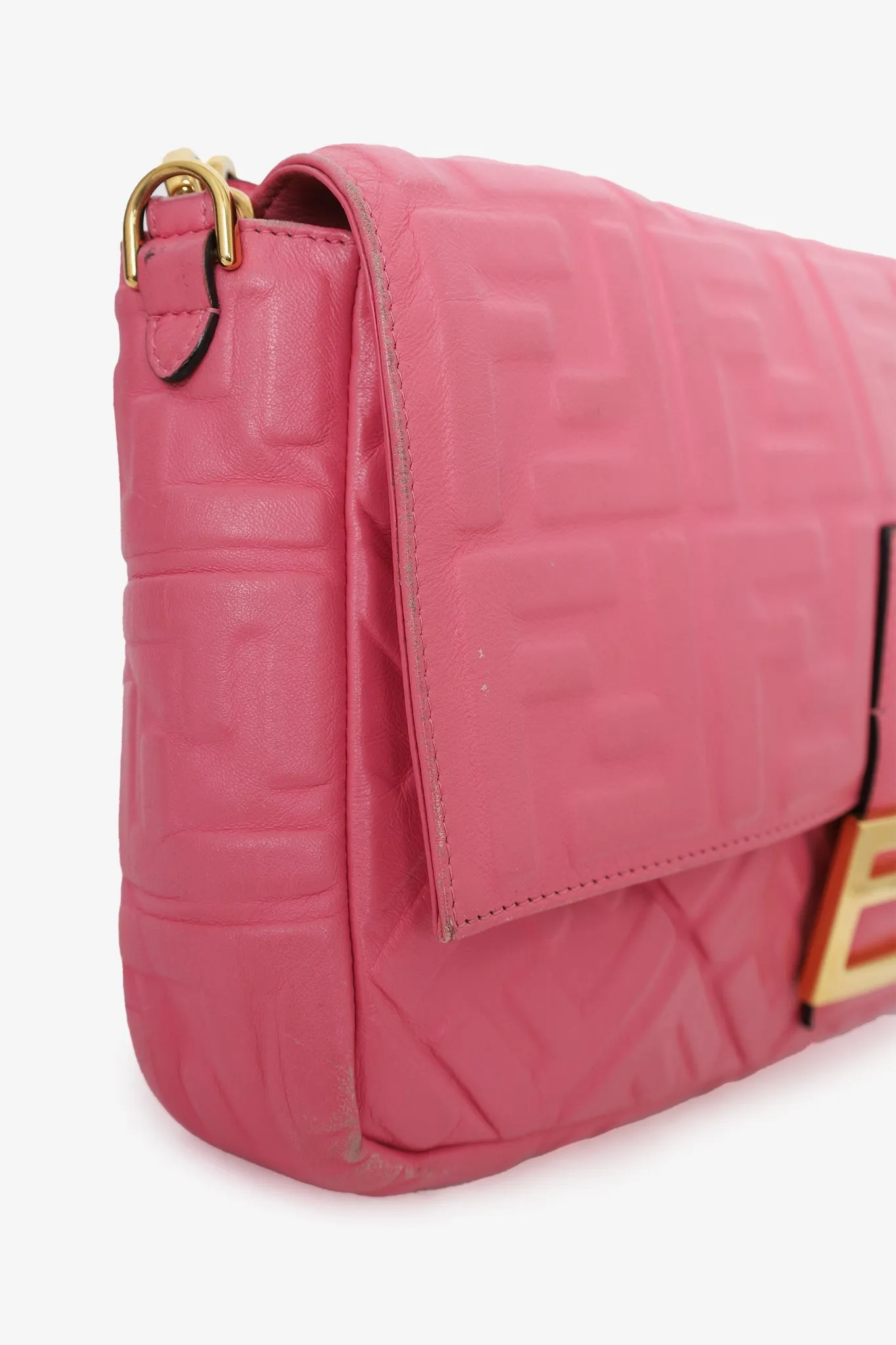 Fendi Pink Leather Nappa FF 1974 Embossed Large Baguette Bag with Strap