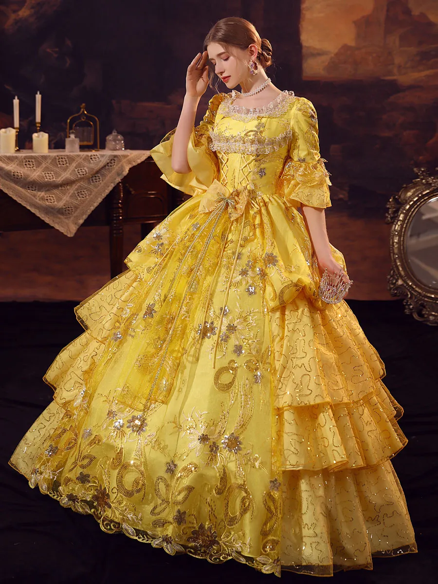 Gold  Retro Tudor Dress Costumes  Polyester Dress Marie Antoinette Costume Women's Gothic Masquerade Ball Gown