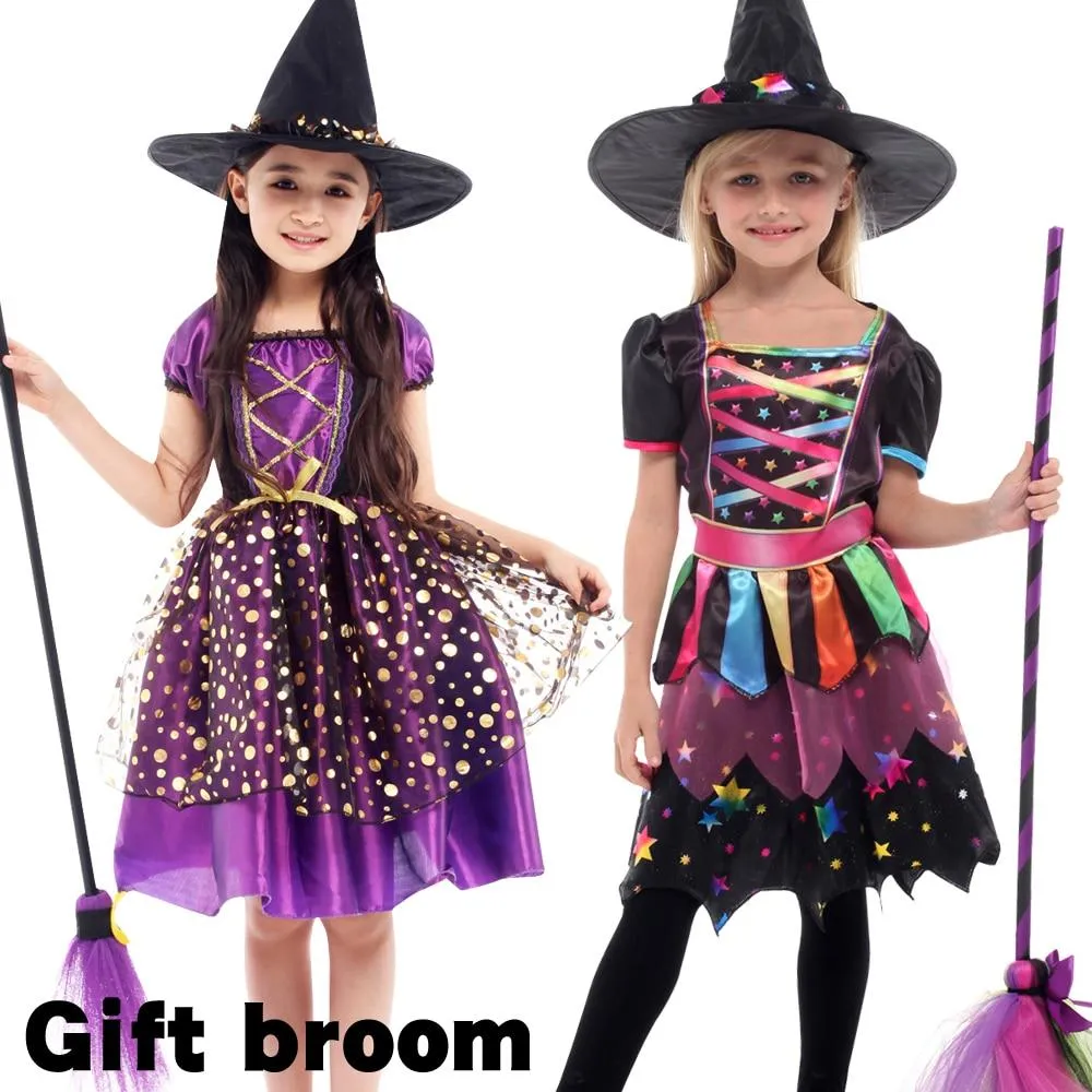 Halloween Children Girls Cosplay Witch Costume Attached Broom Teens Baby Girl Gown Witch Dress Clothing Set Hat