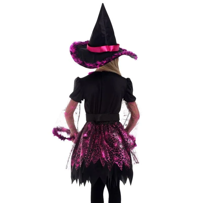 Halloween Children Girls Cosplay Witch Costume Attached Broom Teens Baby Girl Gown Witch Dress Clothing Set Hat