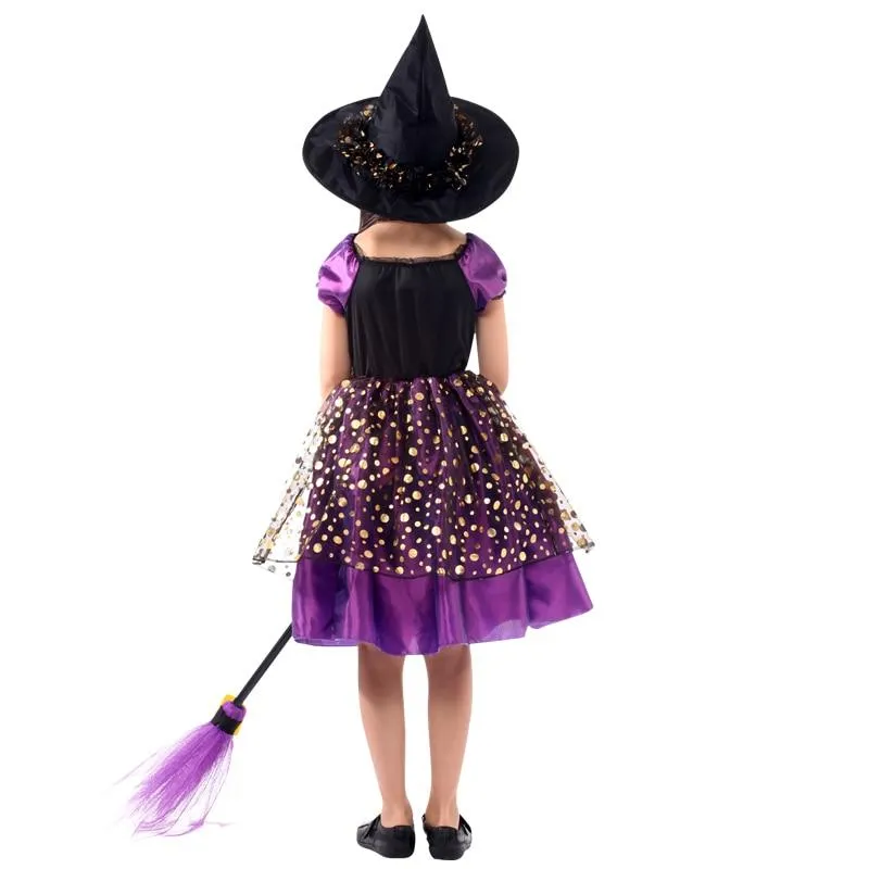 Halloween Children Girls Cosplay Witch Costume Attached Broom Teens Baby Girl Gown Witch Dress Clothing Set Hat