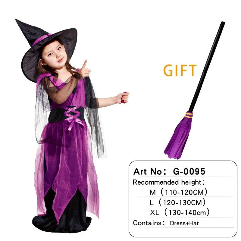 Halloween Children Girls Cosplay Witch Costume Attached Broom Teens Baby Girl Gown Witch Dress Clothing Set Hat