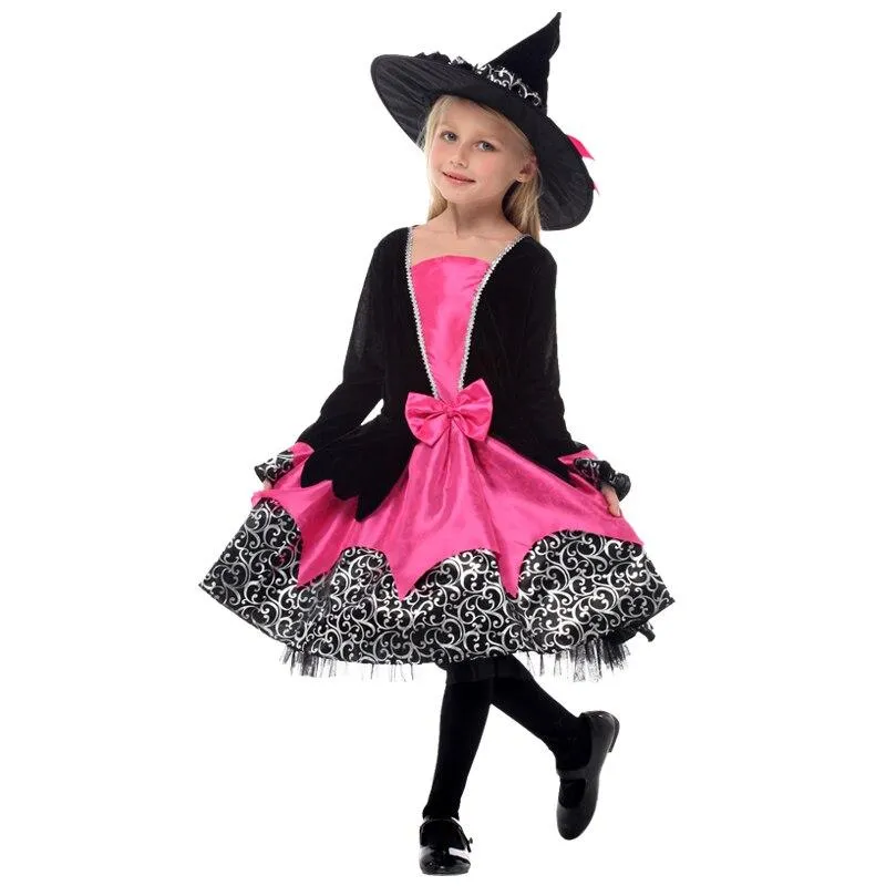 Halloween Children Girls Cosplay Witch Costume Attached Broom Teens Baby Girl Gown Witch Dress Clothing Set Hat