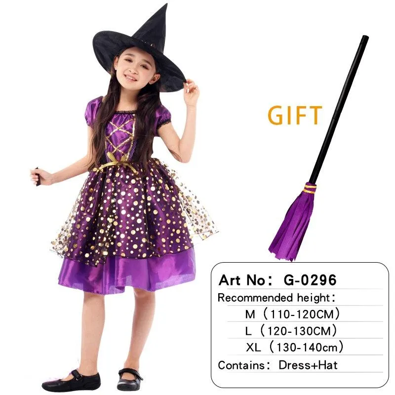 Halloween Children Girls Cosplay Witch Costume Attached Broom Teens Baby Girl Gown Witch Dress Clothing Set Hat