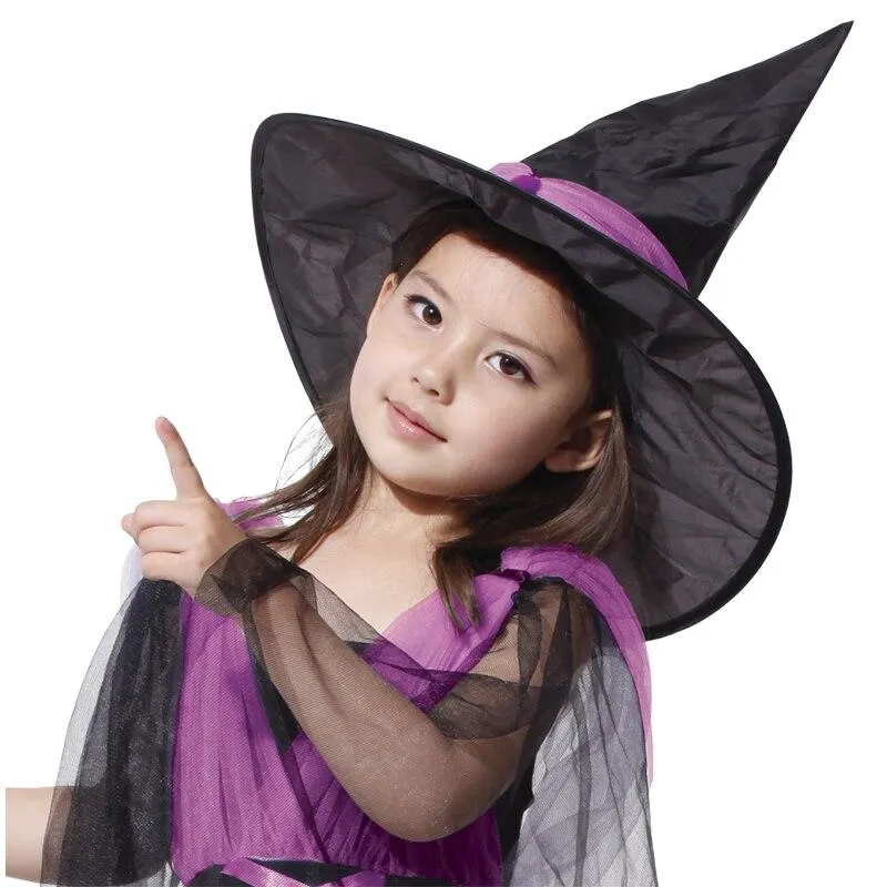 Halloween Children Girls Cosplay Witch Costume Attached Broom Teens Baby Girl Gown Witch Dress Clothing Set Hat