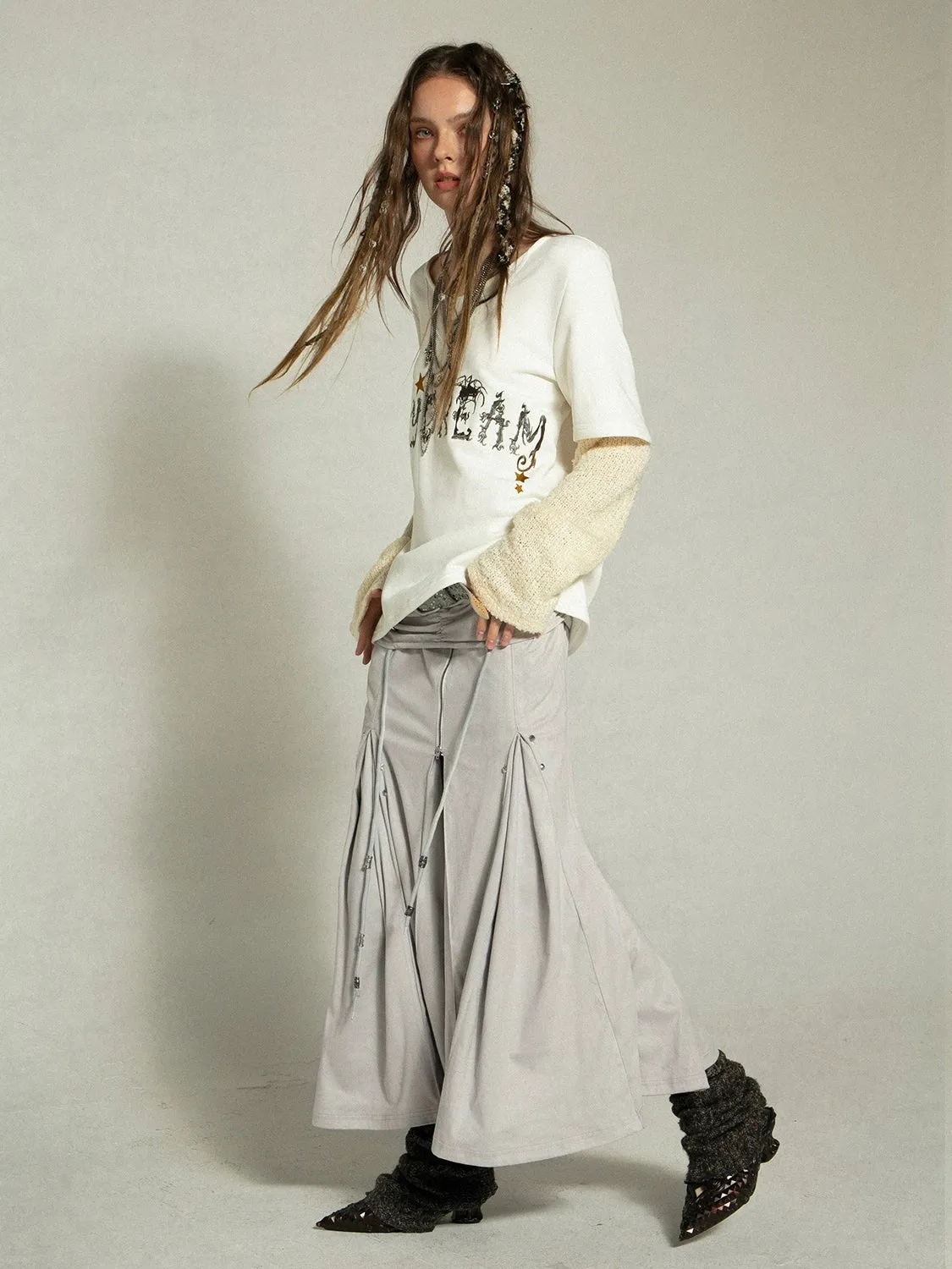 Imitation Suede Low-waist Pleated Mid-length Skirt