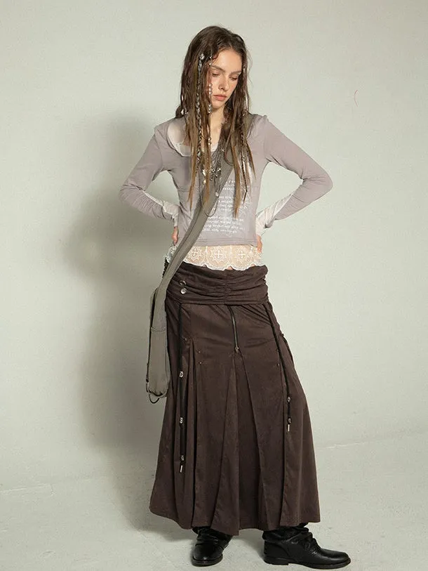 Imitation Suede Low-waist Pleated Mid-length Skirt