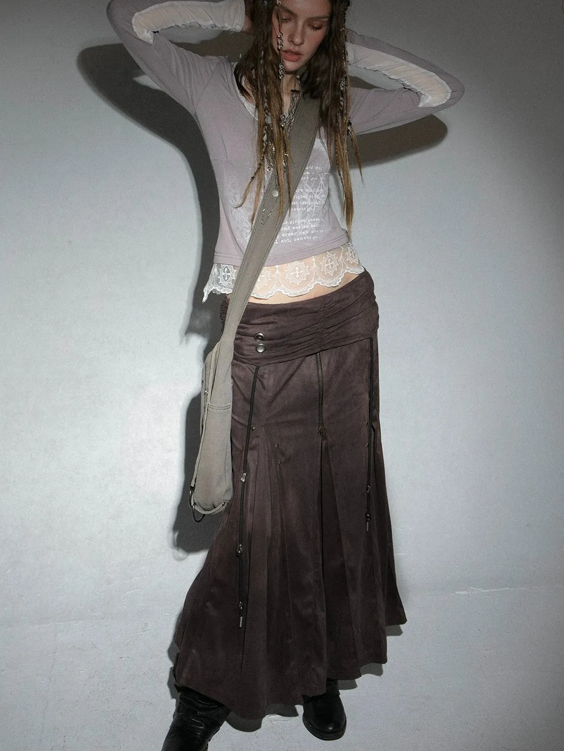 Imitation Suede Low-waist Pleated Mid-length Skirt