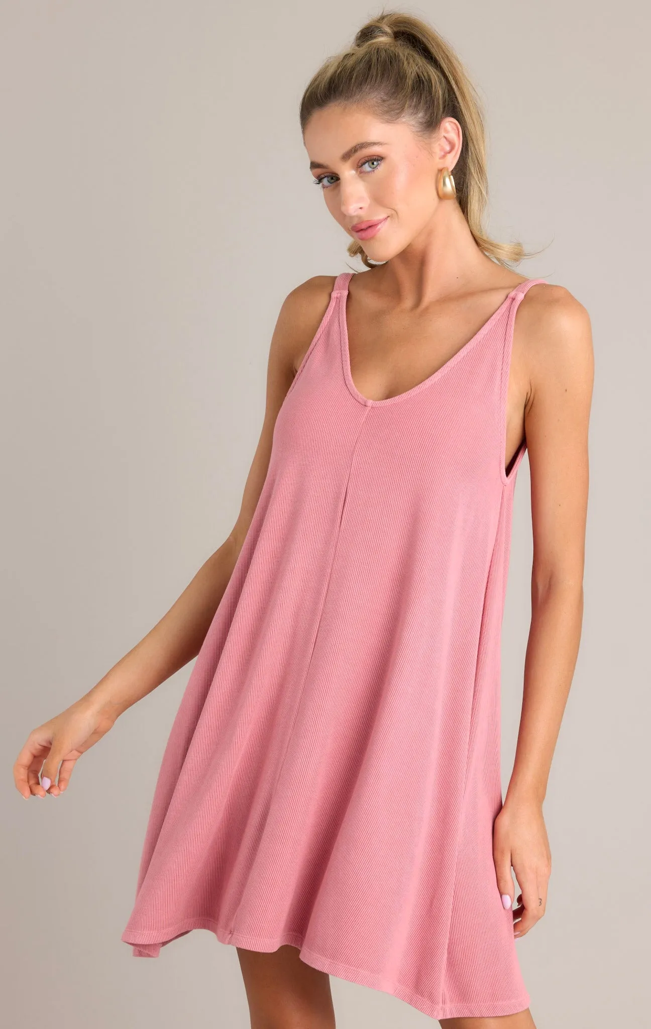 Into The Sky Ribbed Rose Pink Mini Dress