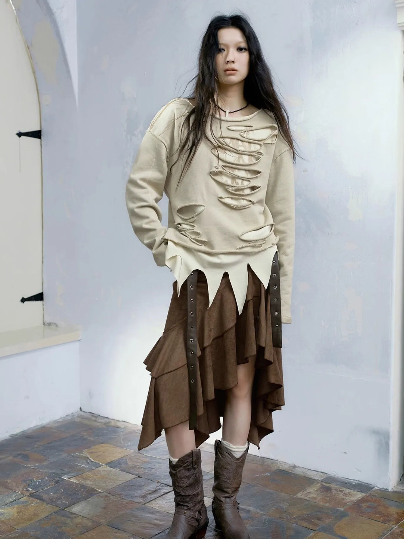 Irregular Belt Suede Texture Skirt