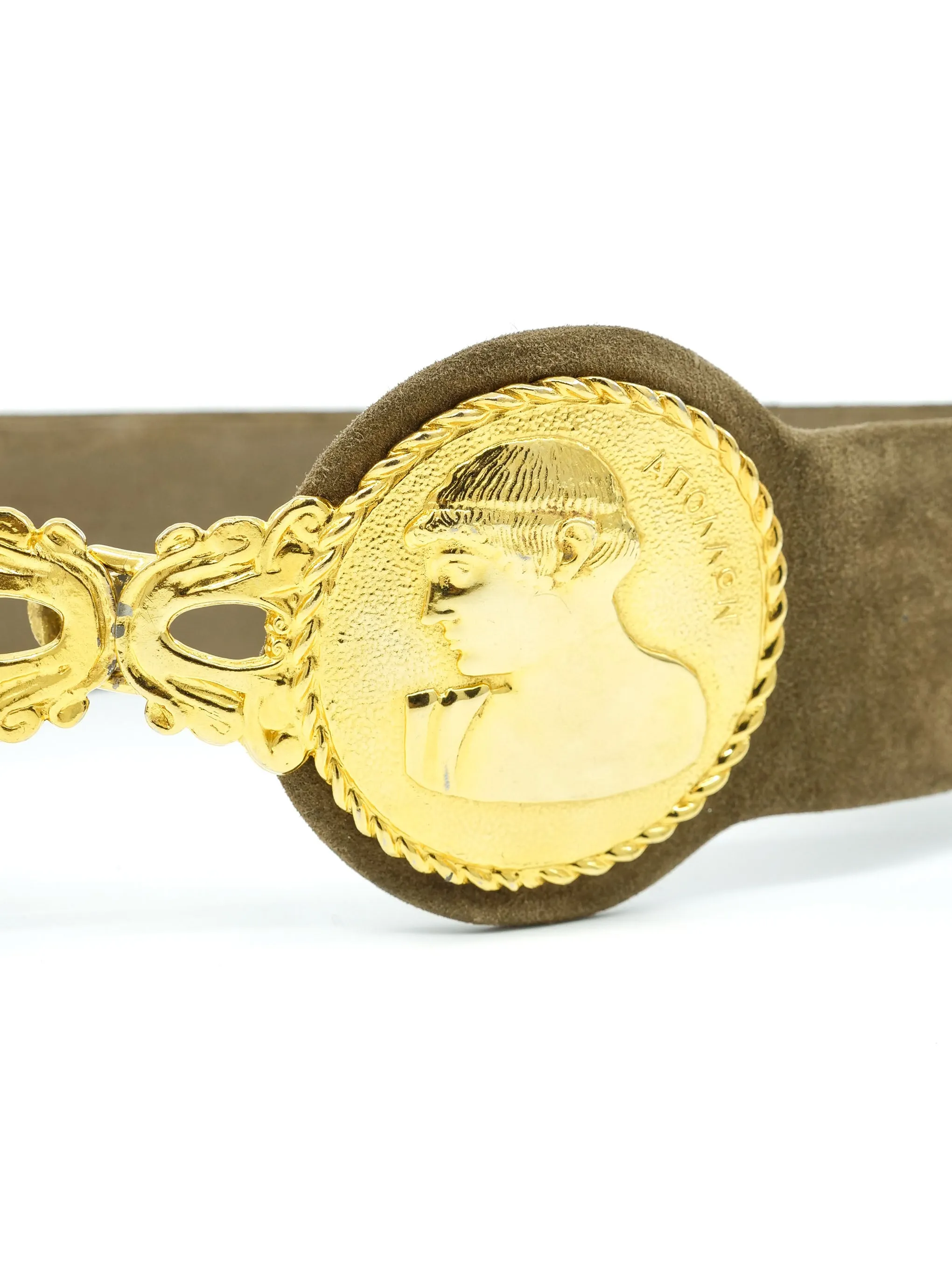 Judith Leiber Greek Coin Motif Suede Belt