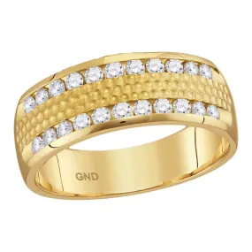 Keene Jewelers 14kt Yellow Gold Mens Round Diamond Double Row Hammered Wedding Band Ring 1/2 Cttw