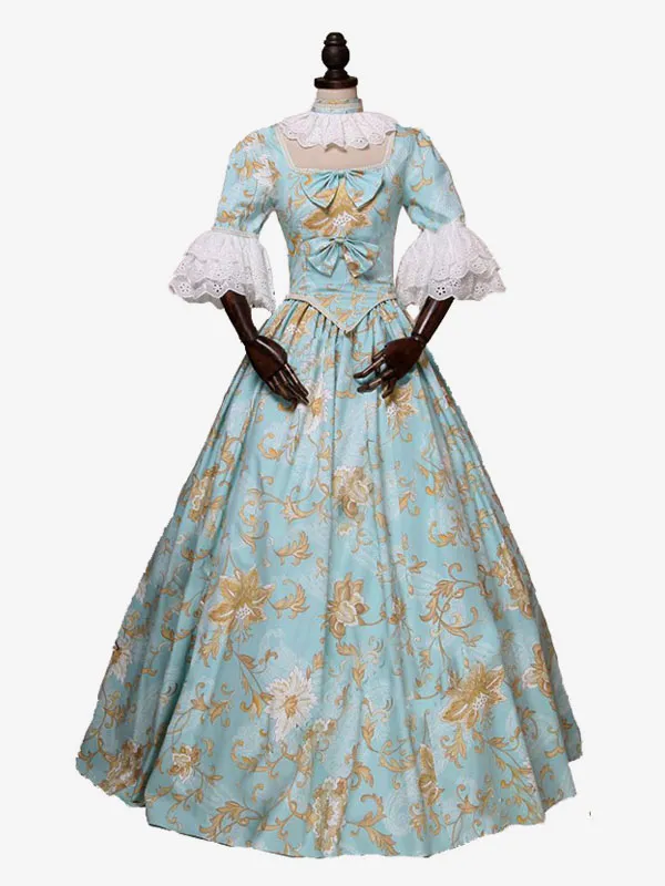 Light Sky Blue  Retro Tudor Dress Costumes  Bows Polyester Floral Print Dress Women's Marie Antoinette Costume Royal Tunic Masqu