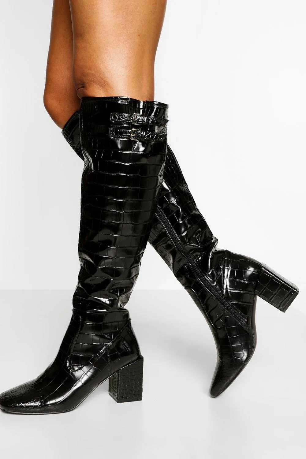 Low Block Heel Square Toe Knee Boot