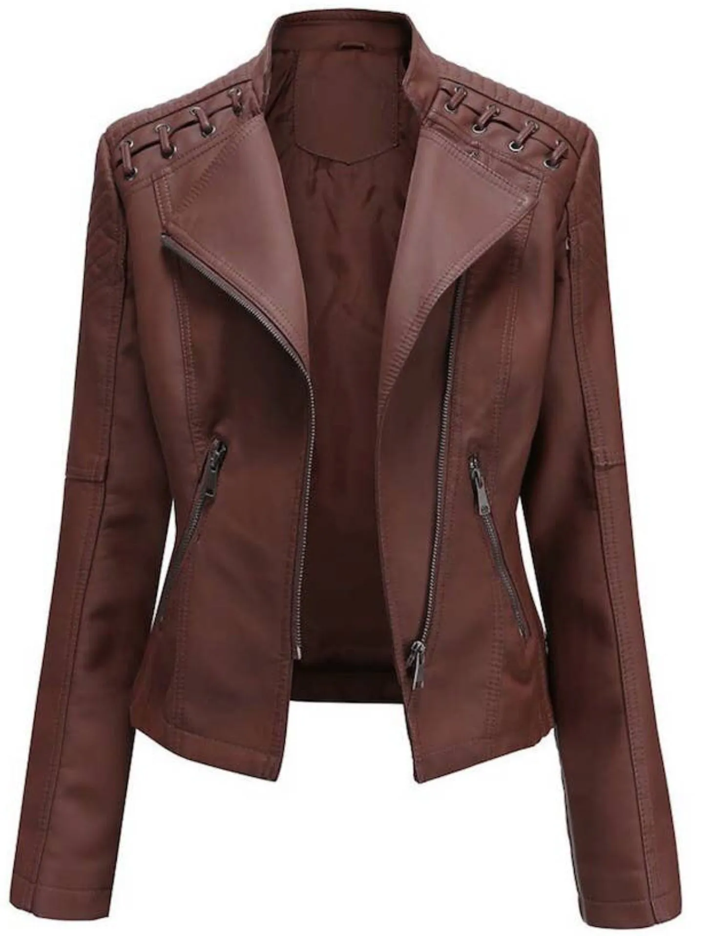 Melody Coffee Brown Vegan Tied Point Moto Jacket