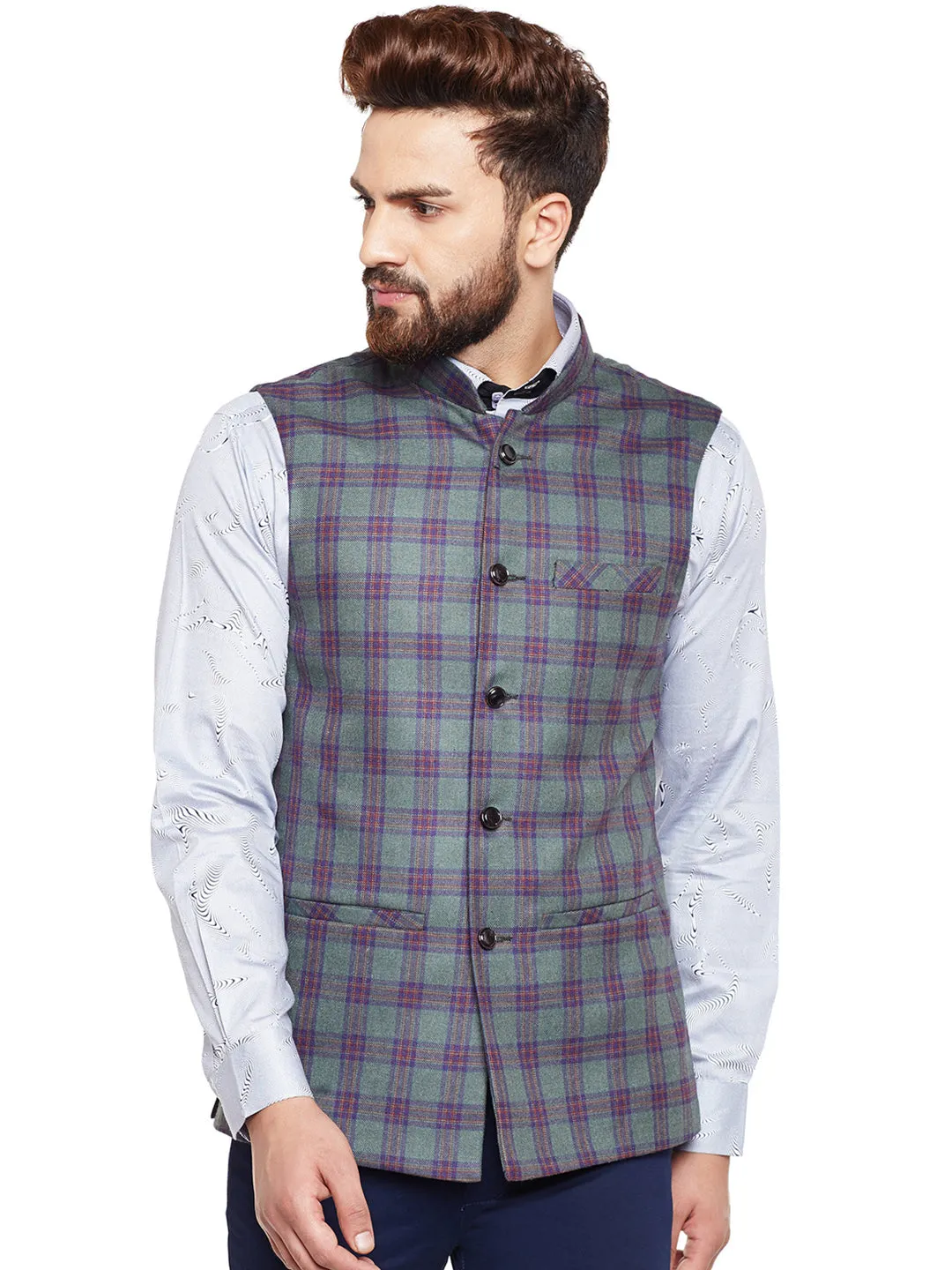 Men Green Checked Slim Fit Casual Nehru Jacket