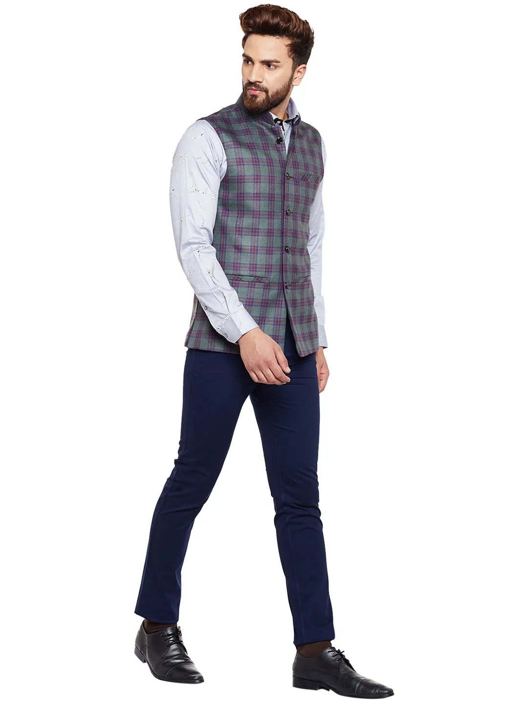 Men Green Checked Slim Fit Casual Nehru Jacket