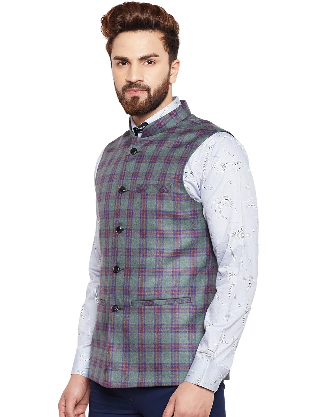 Men Green Checked Slim Fit Casual Nehru Jacket