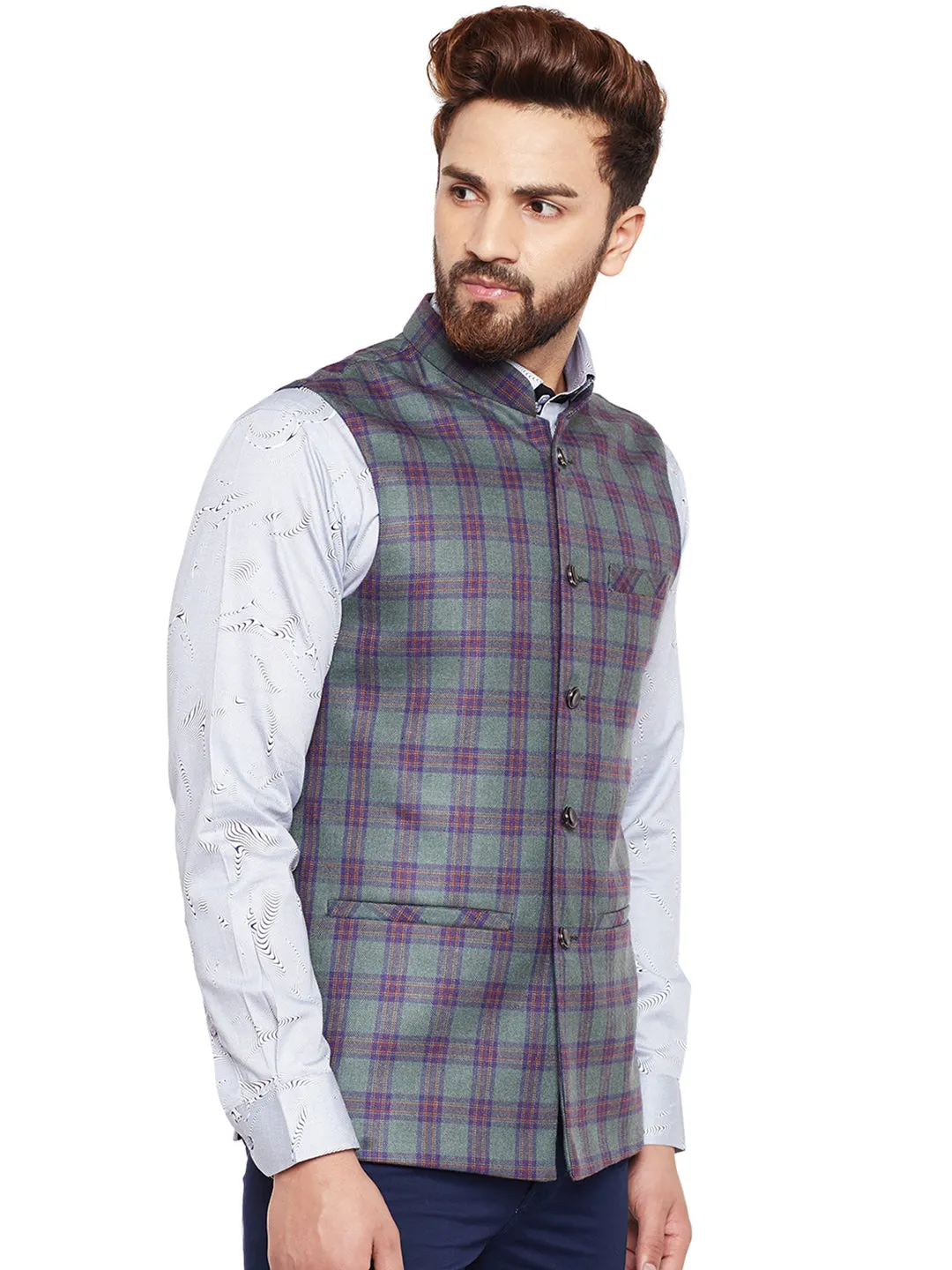 Men Green Checked Slim Fit Casual Nehru Jacket