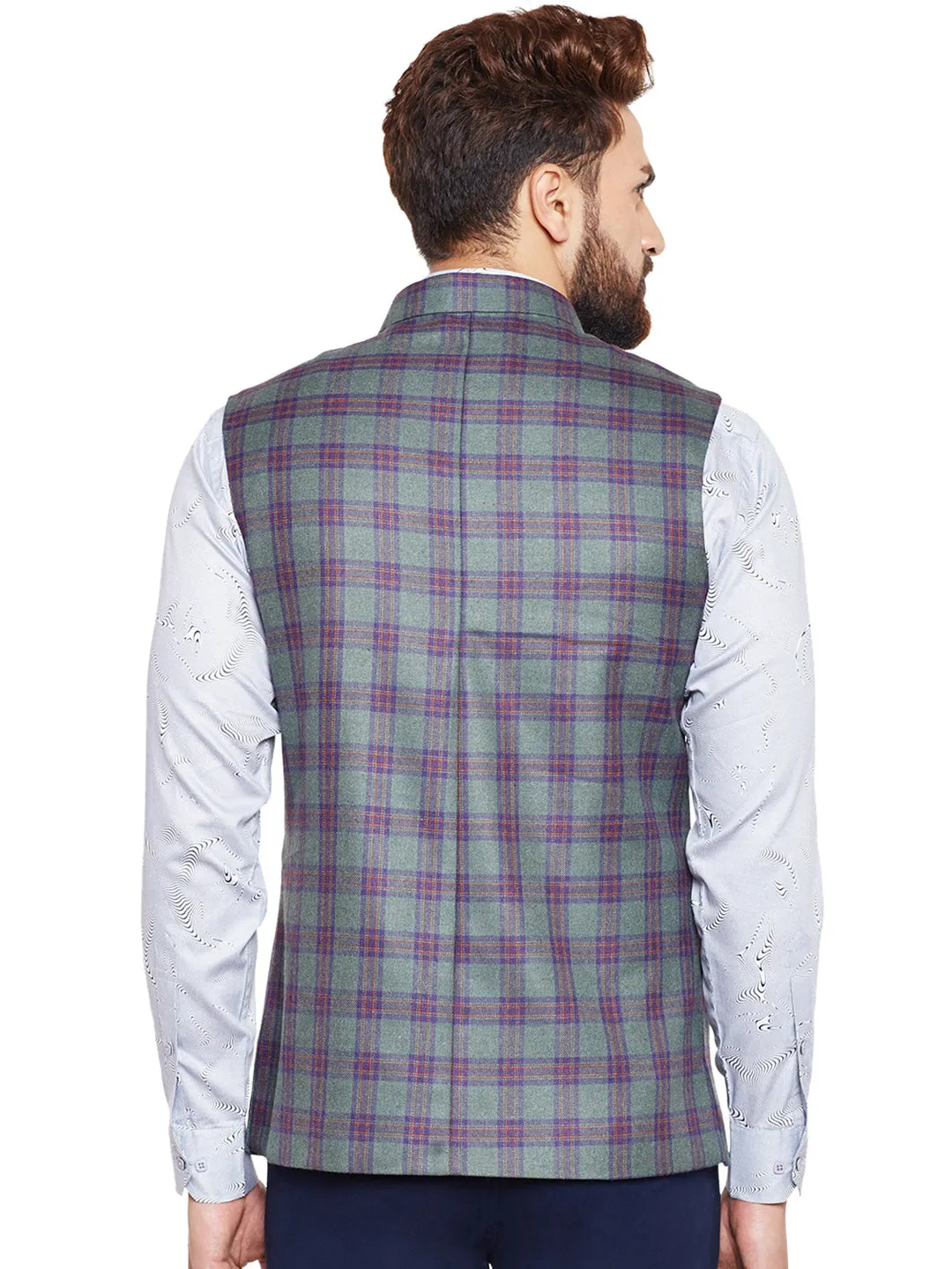 Men Green Checked Slim Fit Casual Nehru Jacket