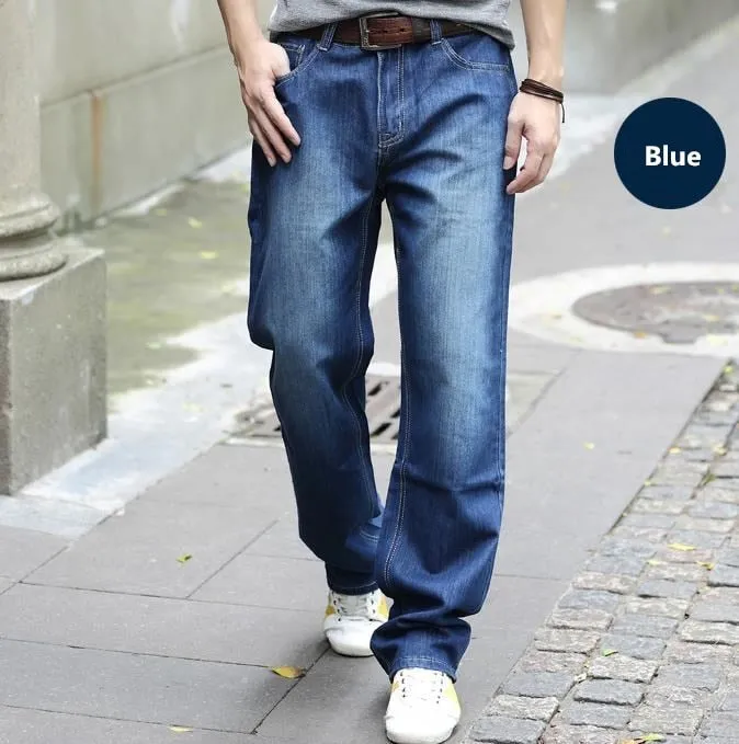 Men's Denim Casual Solid Mid-Waist Loose Cowboy Straight Pants