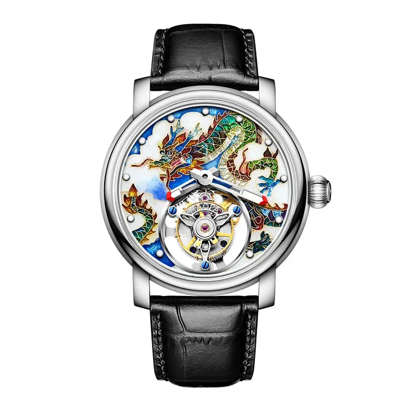 Men's Enamel Craft Unique Auspicious Dial Tourbillon Manual Winding Watch