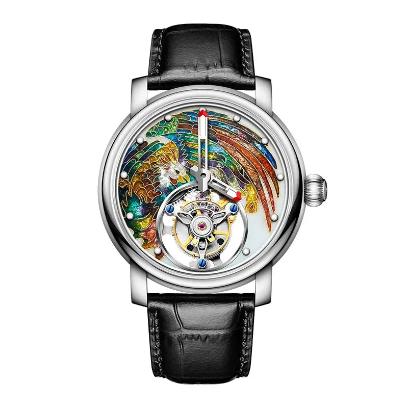 Men's Enamel Craft Unique Auspicious Dial Tourbillon Manual Winding Watch