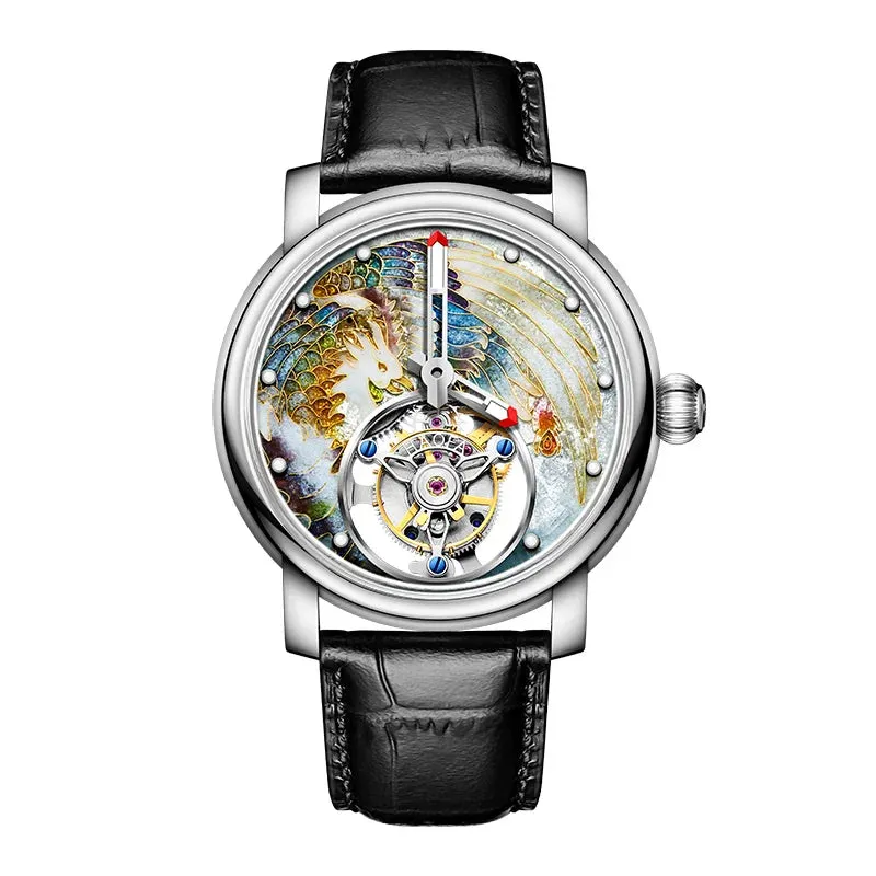 Men's Enamel Craft Unique Auspicious Dial Tourbillon Manual Winding Watch