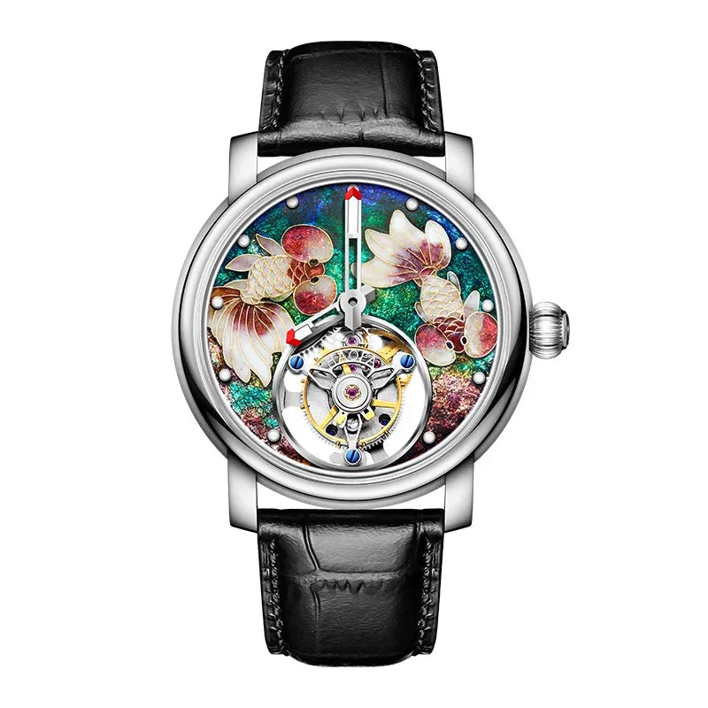 Men's Enamel Craft Unique Auspicious Dial Tourbillon Manual Winding Watch