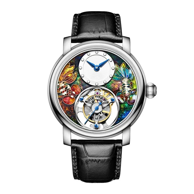 Men's Enamel Craft Unique Auspicious Dial Tourbillon Manual Winding Watch