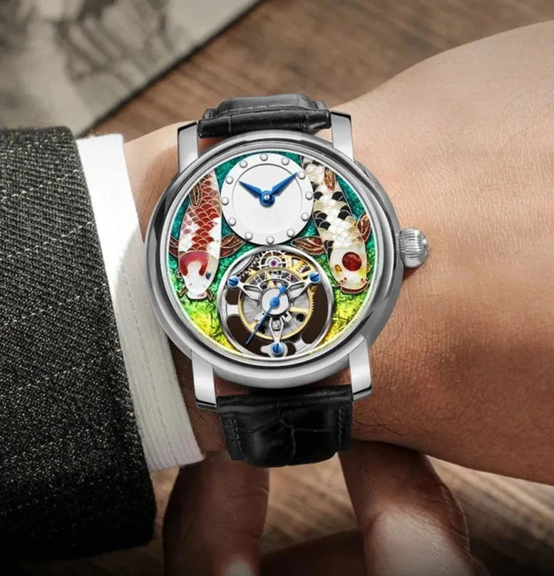 Men's Enamel Craft Unique Auspicious Dial Tourbillon Manual Winding Watch