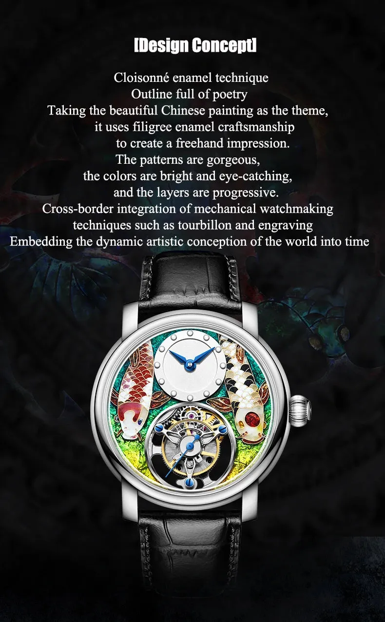 Men's Enamel Craft Unique Auspicious Dial Tourbillon Manual Winding Watch