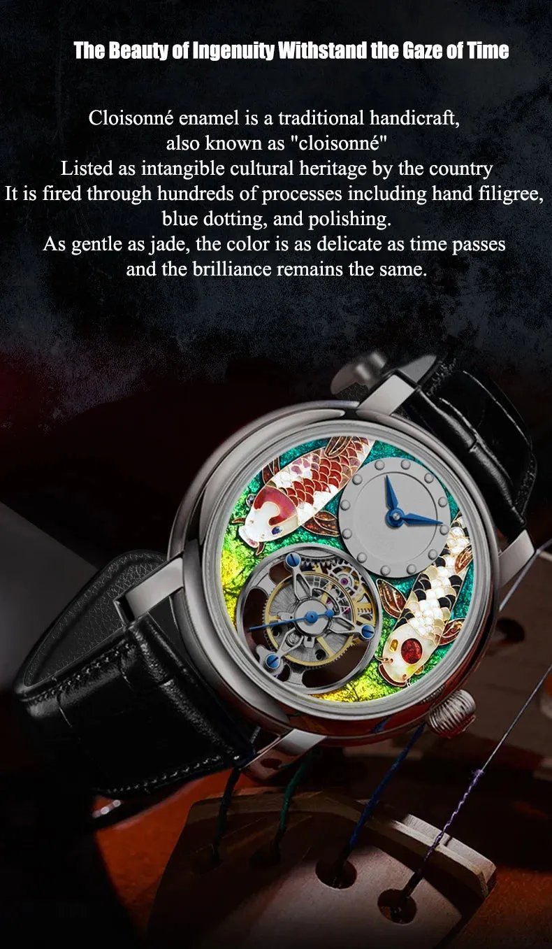 Men's Enamel Craft Unique Auspicious Dial Tourbillon Manual Winding Watch