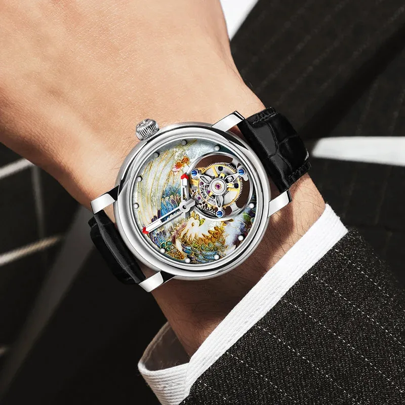 Men's Enamel Craft Unique Auspicious Dial Tourbillon Manual Winding Watch