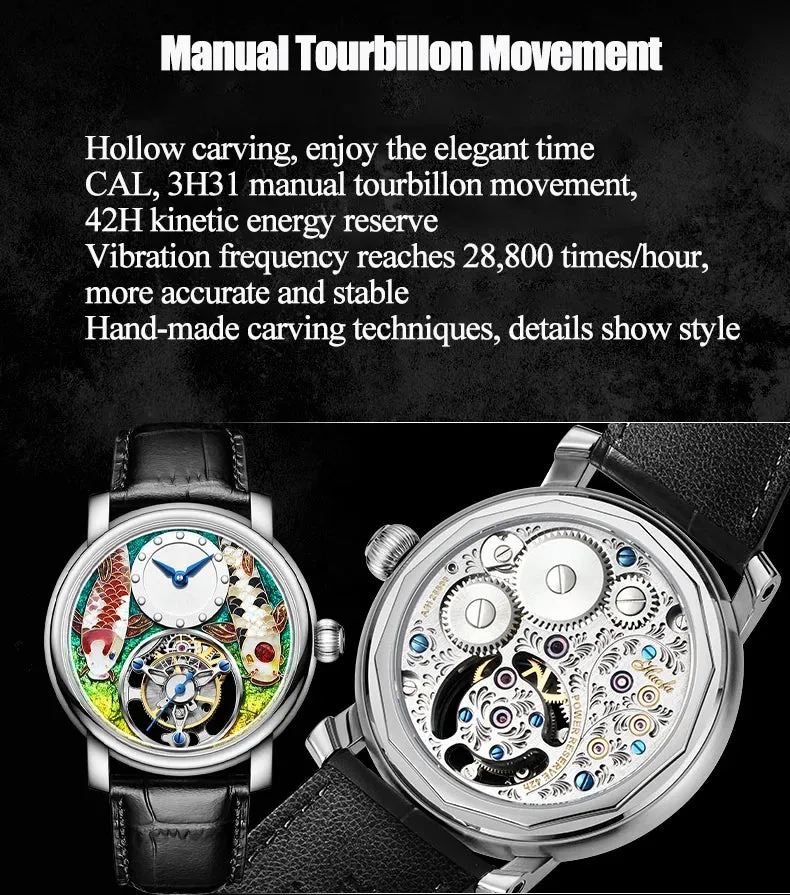 Men's Enamel Craft Unique Auspicious Dial Tourbillon Manual Winding Watch