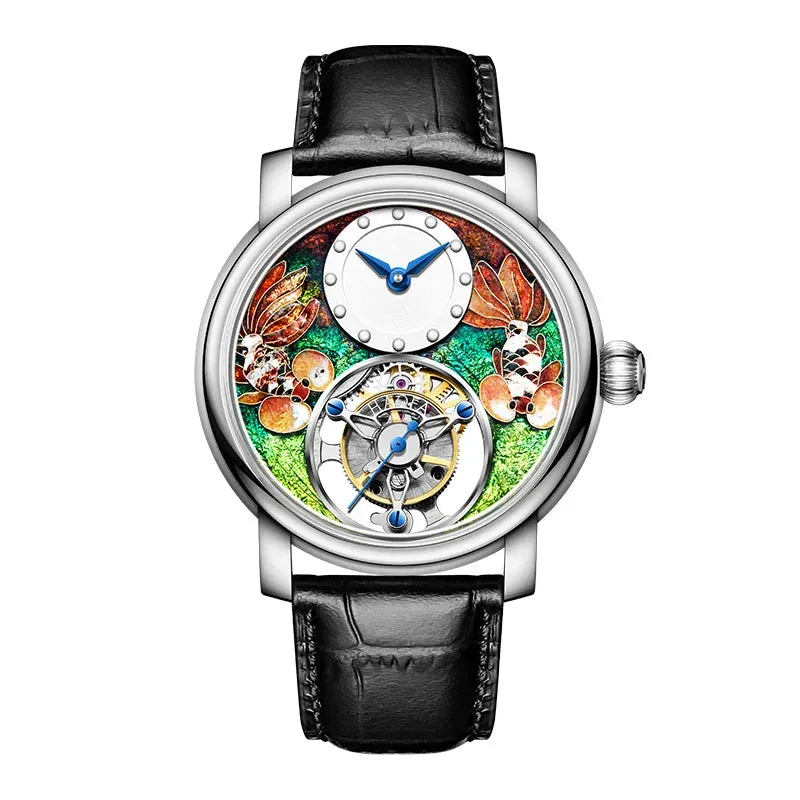 Men's Enamel Craft Unique Auspicious Dial Tourbillon Manual Winding Watch