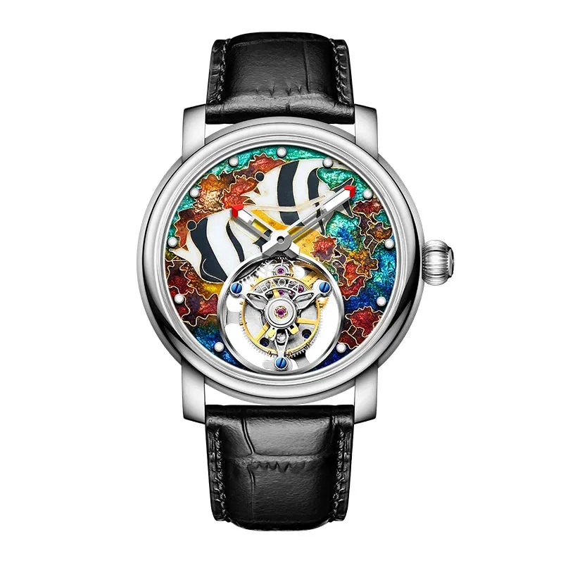 Men's Enamel Craft Unique Auspicious Dial Tourbillon Manual Winding Watch