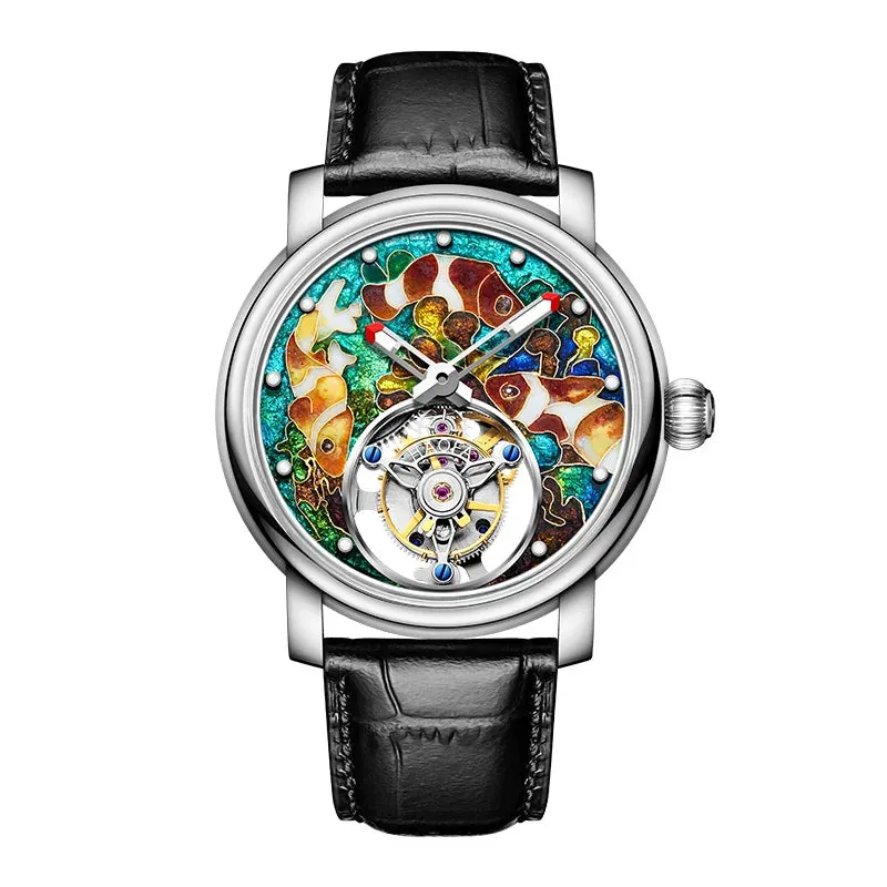 Men's Enamel Craft Unique Auspicious Dial Tourbillon Manual Winding Watch