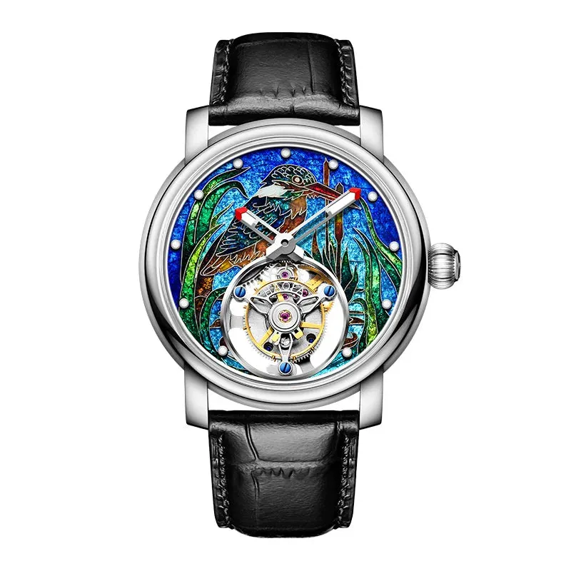 Men's Enamel Craft Unique Auspicious Dial Tourbillon Manual Winding Watch