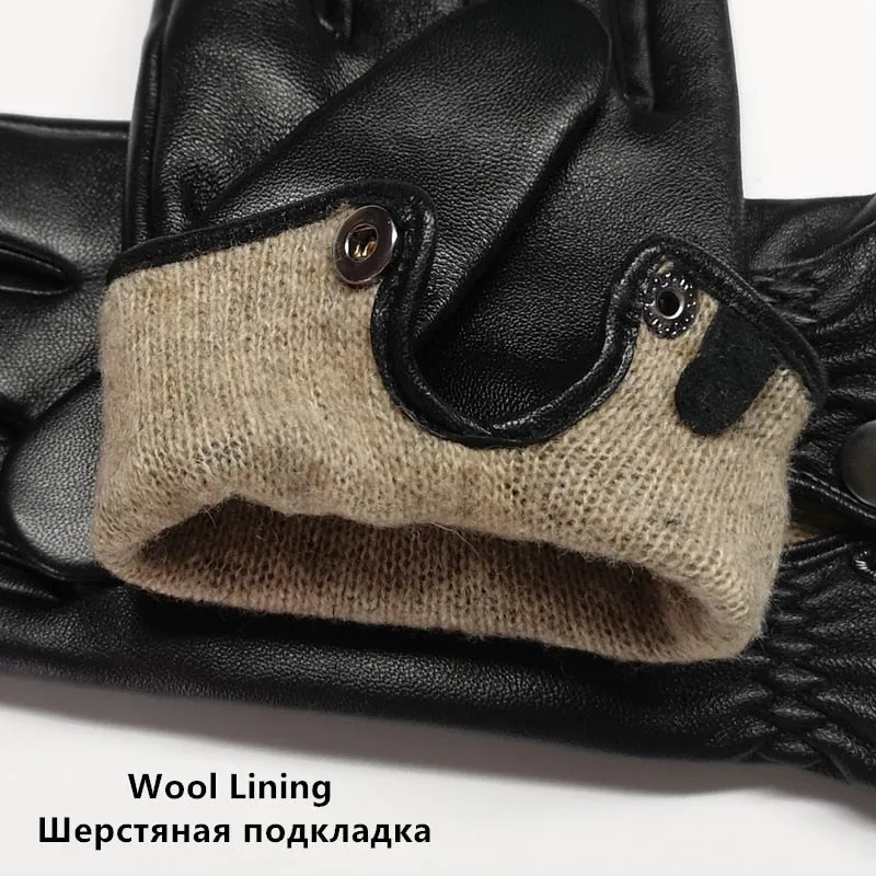 Men's Fashion Real Sheepskin Leather Wool Lining Winter Warm Driving Gloves