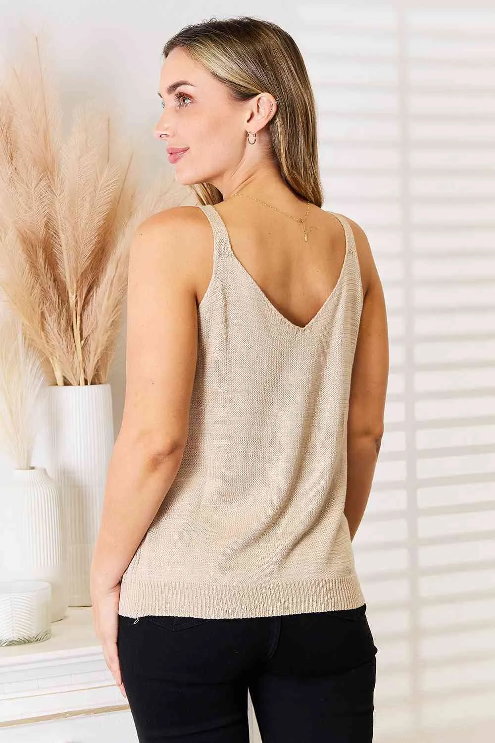 Openwork Scoop Neck Knit Tank Top in Khaki