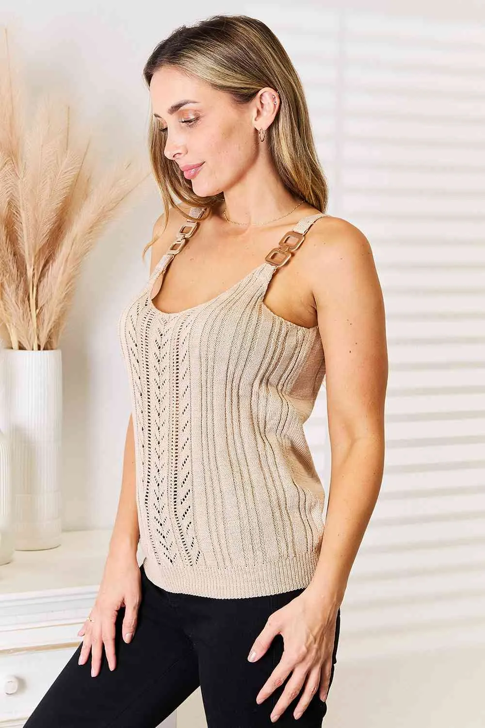 Openwork Scoop Neck Knit Tank Top in Khaki